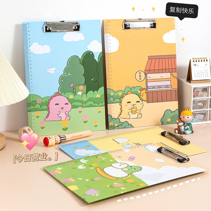 卡通a4纸板夹文件书板夹写字垫夹板加厚多功能学生文具恐龙图案Cartoon A4 Cardboard Clipboard, Document Holder, Writing Pad, Thickened Multifunctional Student Stationery with Dinosaur Design