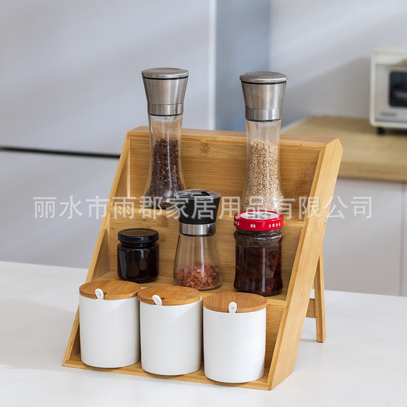 竹制多层调料厨房置物架桌面香料阶梯式木制瓶装罐储物整理展示架Bamboo Multi-Tier Kitchen Spice Rack: Tabletop Stepped Wooden Storage and Display Unit for Bottles and Jars