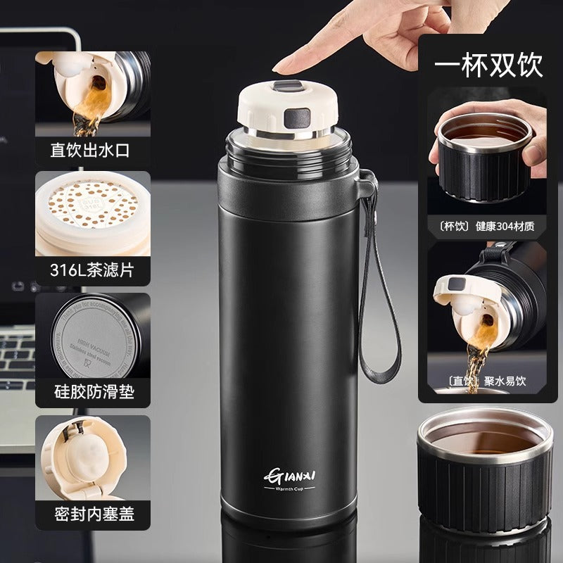 捷安玺大容量泡茶杯户外便捷316不锈钢茶水分离杯商务办公保温杯Large-Capacity Tea Cup: Convenient for Outdoor Use, 316 Stainless Steel Tea-Water Separation Cup, Insulated Business and Office Water Bottle