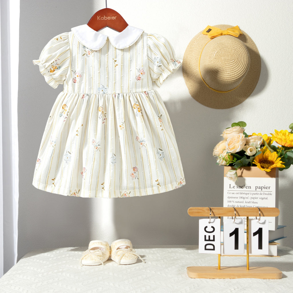 女童短袖打揽连衣裙夏季娃娃领花苞袖公主童裙 Girls' Short-Sleeve Ruched Dress, Summer Peter Pan Collar, Puff Sleeves, Princess Style