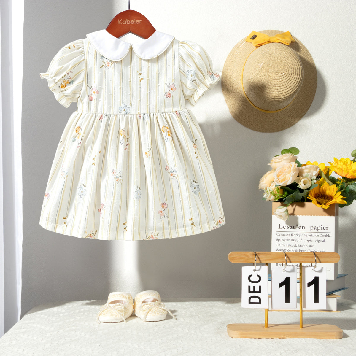 女童短袖打揽连衣裙夏季娃娃领花苞袖公主童裙 Girls' Short-Sleeve Ruched Dress, Summer Peter Pan Collar, Puff Sleeves, Princess Style