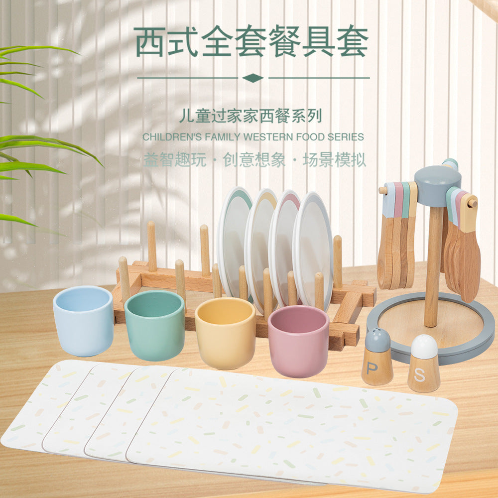 #1348儿童早教木制仿真餐厅刀叉杯子碟子勺子餐具套装过家家玩具#1348 Early Childhood Education Wooden Realistic Restaurant Cutlery Set (Knives, Forks, Cups, Plates and Spoons) for Pretend Play