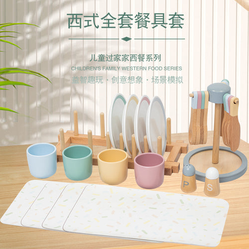 #1348儿童早教木制仿真餐厅刀叉杯子碟子勺子餐具套装过家家玩具#1348 Early Childhood Education Wooden Realistic Restaurant Cutlery Set (Knives, Forks, Cups, Plates and Spoons) for Pretend Play