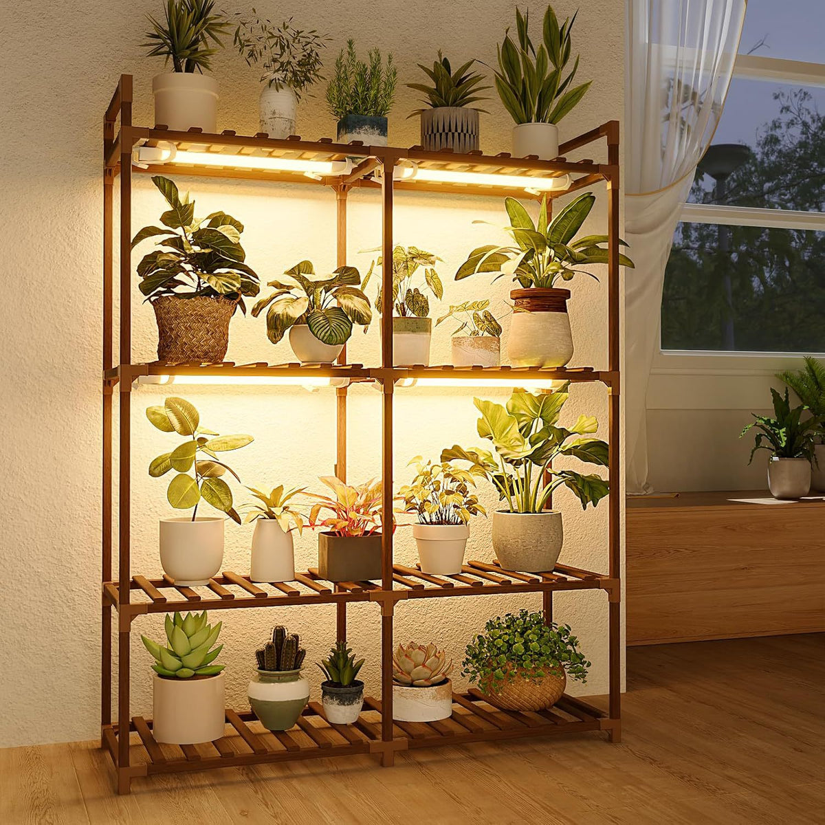 植物灯花架阳台多层植物架带滚轮落地式花盆架客厅绿植收纳置物架Plant Light Stand, Balcony Multi-Tier Plant Rack with Castors, Floor-Standing Plant Pot Stand, Living Room Houseplant Storage Shelf