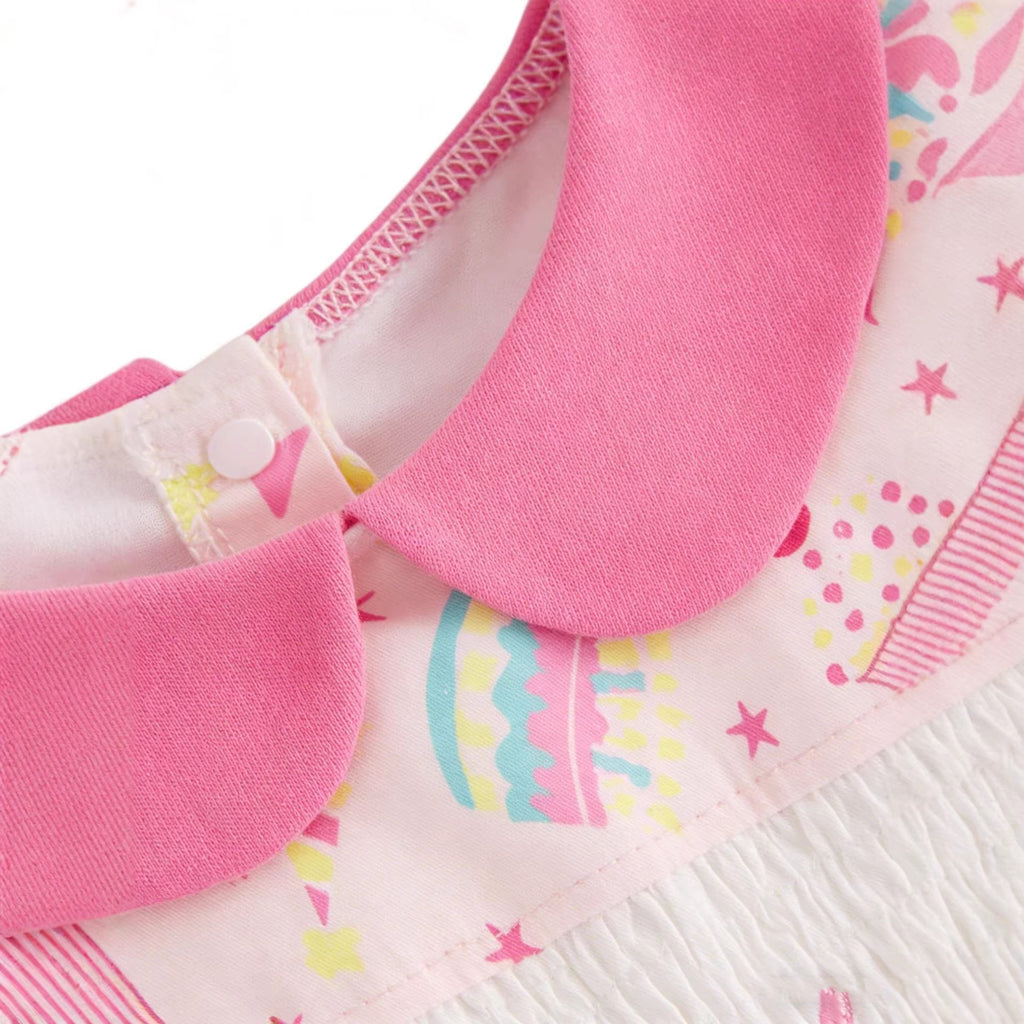 婴幼儿女童短袖头花连体哈衣套装娃娃领刺绣包屁衣 Short-Sleeve Ruffle-Trimmed One-Piece Romper Set for Infant and Toddler Girls with Peter Pan Collar and Embroidered Romper
