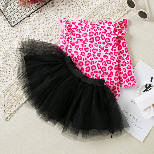 Baby Girl Party Dress Holiday Set: Stylish and Cute Leopard-Print Tulle Princess Dress with Flare Sleeves (2-Piece Set)