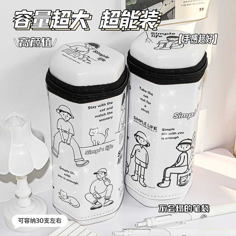 MOKA简约笔袋六角形笔筒拉链立式创意卡通可爱男女学生大文具收纳MOKA Minimalist Pencil Case/Pencil Holder with Zipper, Upright Design, Creative Cartoon Style, Cute, for Boys and Girls, Large Stationery Storage