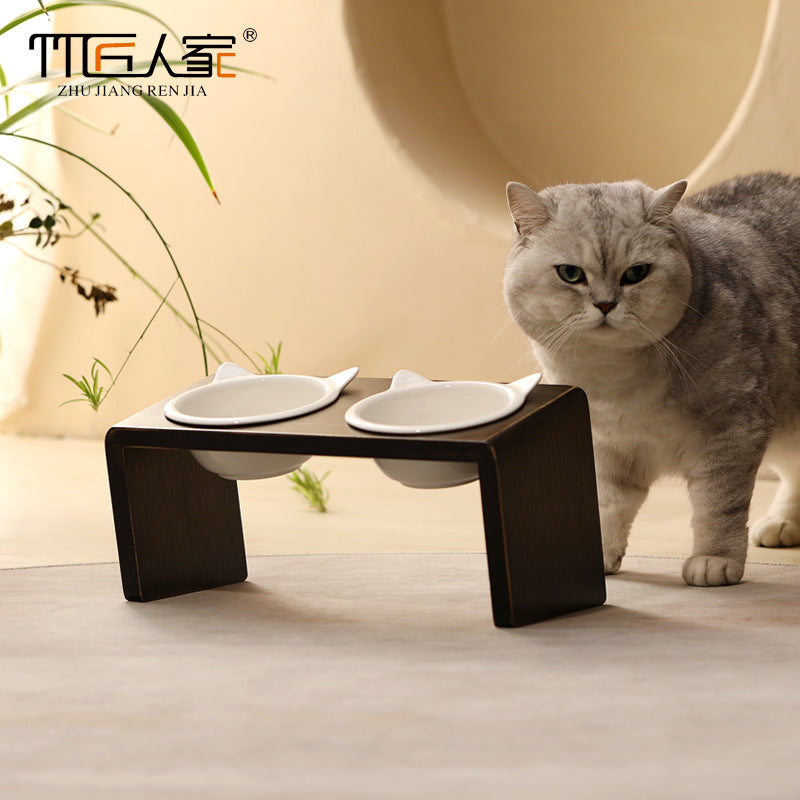 定制猫碗架双碗防打翻猫饭食盆狗狗碗陶瓷猫粮高脚宠物碗Customised Cat Bowl Stand – Double Bowl, Tip-Proof Cat Food Bowls, Dog Bowls, Ceramic Cat Food Bowls, Elevated Pet Bowls