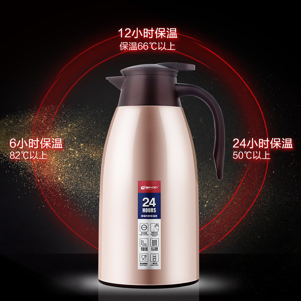 大容量家用玻璃内胆热水瓶一键倒水旋转壶盖不锈钢外壳把手水壶Large-Capacity Household Glass-Lined Electric Kettle with One-Touch Pouring, Rotating Lid, Stainless Steel Body, and Handle