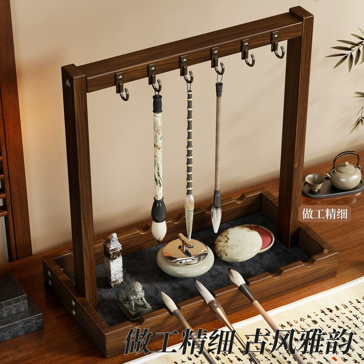 毛笔收纳架桌面挂架中式复古笔挂文房四宝专用悬挂式书法笔托笔搁Calligraphy Brush Storage Rack, Desktop Hanging Holder, Chinese-style Vintage Brush Hanger, Dedicated to the Four Treasures of the Study, Hanging Calligraphy Brush Rest and Holder