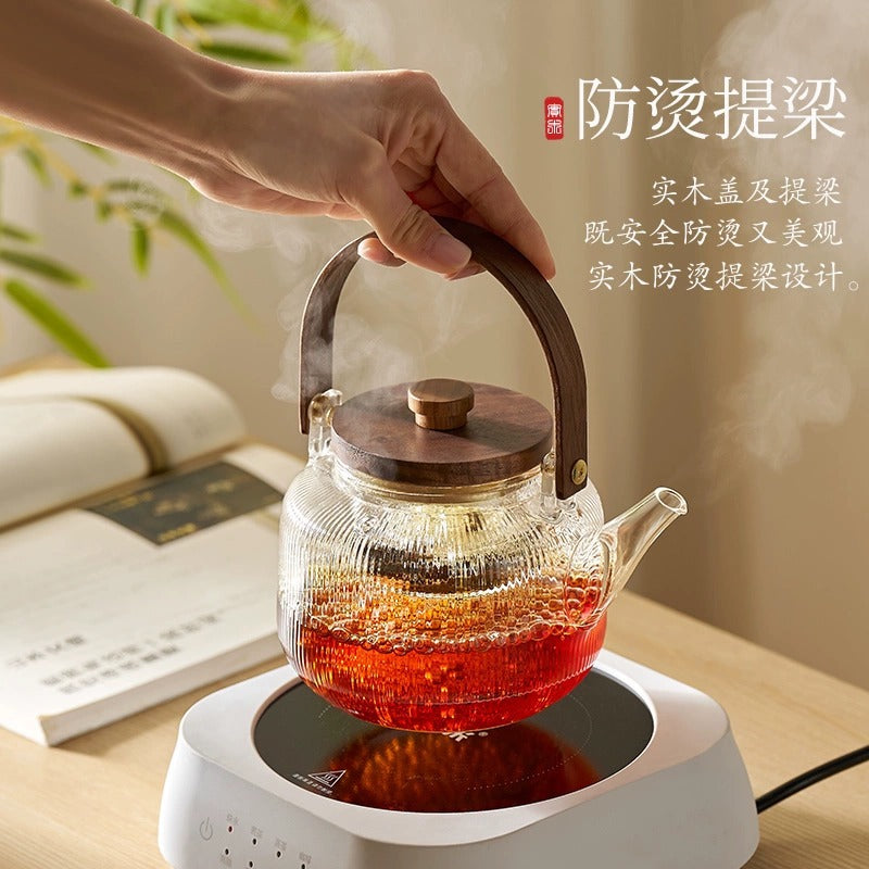 玻璃煮茶壶竖纹茶具套装电陶炉煮茶器下午围炉蒸泡白茶提梁烧水壶Glass Teapot with Vertical Stripes, Tea Set, Electric Ceramic Stove, Tea Maker, Afternoon Tea Set for Steaming and Brewing White Tea, Handle-Style Kettle