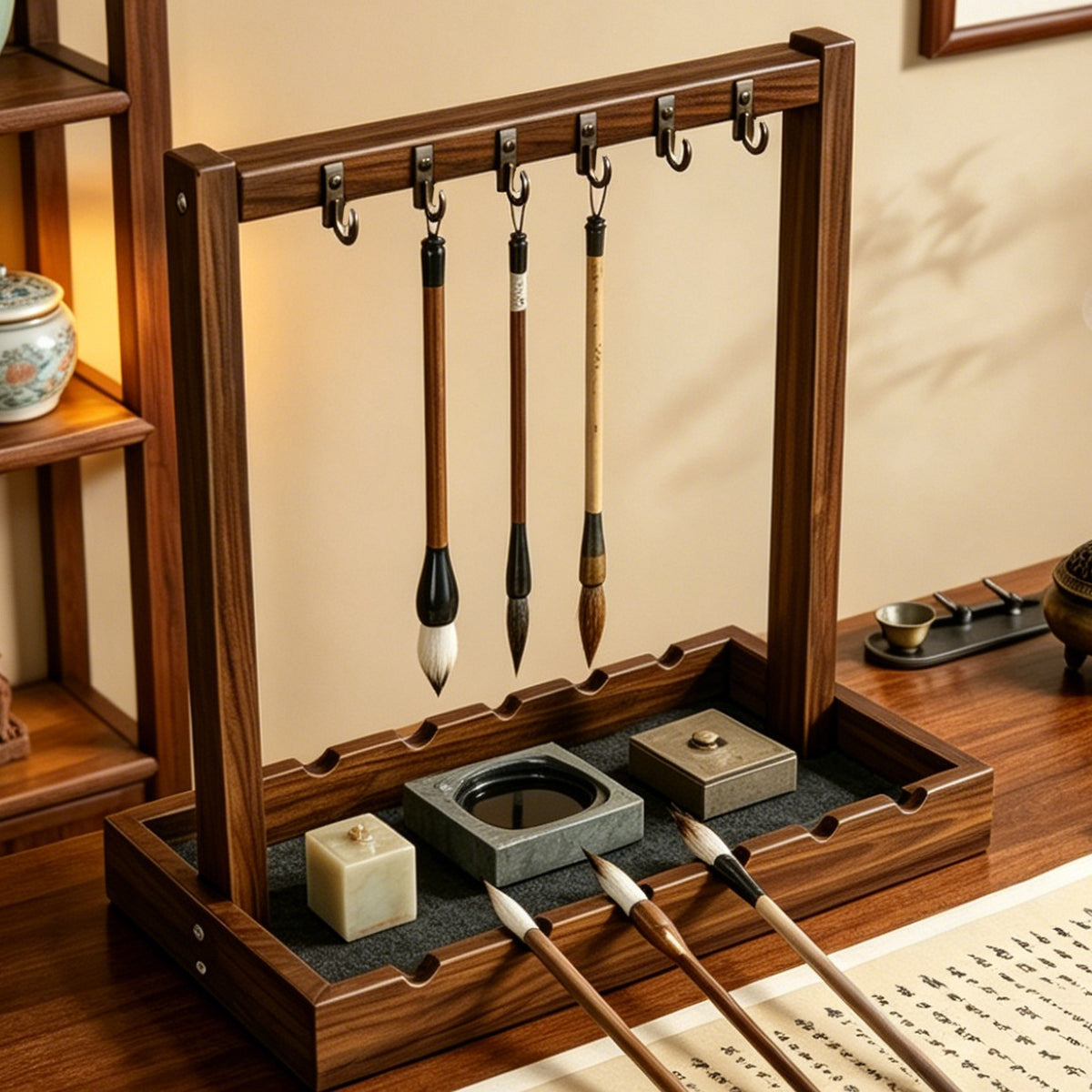 毛笔收纳架桌面笔挂笔架学生文房四宝实木展示架悬挂式书法笔托架Calligraphy brush storage rack, desktop brush holder, student’s ‘Four Treasures of the Study’, solid wood display stand, wall-mounted calligraphy brush holder
