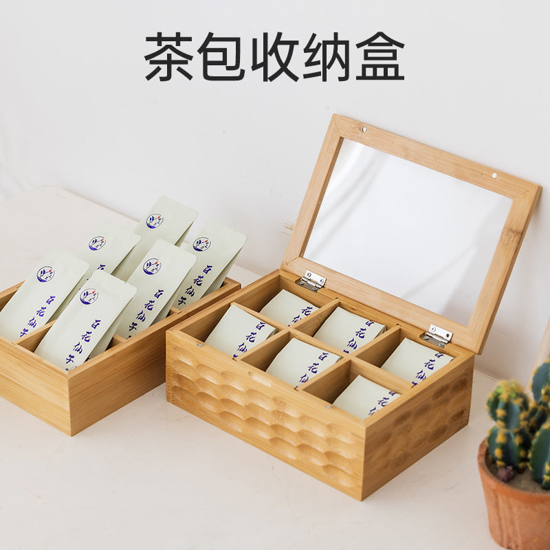 桌面防尘茶包收纳盒竹制文玩首饰置物盒药物分装盒子九宫格储物盒Desk-top dust-proof tea bag storage box; bamboo box for collectables and jewellery; medicine portioning box; 3x3 grid storage box
