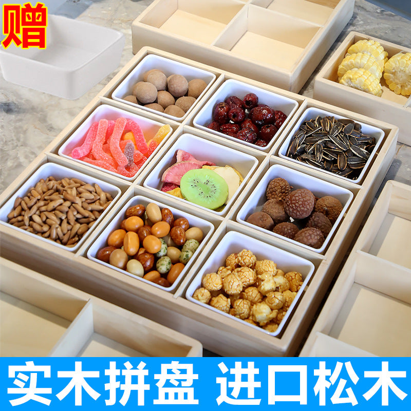 复古实木九宫格餐盘火锅店酒吧足浴餐具零食小吃密胺果盘菜盘家用Vintage solid wood nine-square-grid serving platters for hotpot restaurants, bars, foot spa centres, tableware, snacks and light bites; melamine fruit bowls and serving dishes for home use