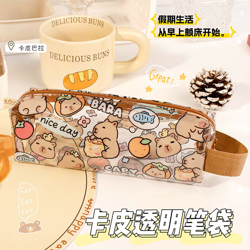 MOKA卡皮巴拉透明八角笔袋学生文具收纳包袋铅笔文具盒学生带提手MOKA Capybara Clear Octagonal Pencil Case, Student Stationery Storage Bag, Pencil Case with Handle