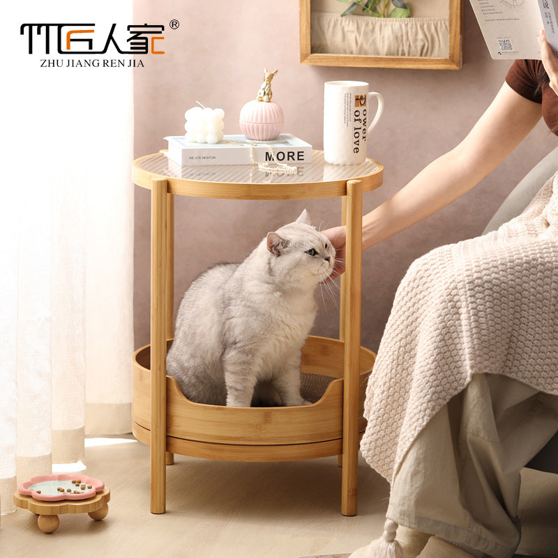 定制创意猫窝圆形玻璃茶几猫咪宠物猫床竹沙发边几圆桌Bespoke, creative cat bed; round glass coffee table; cat bed; bamboo sofa side table; round table
