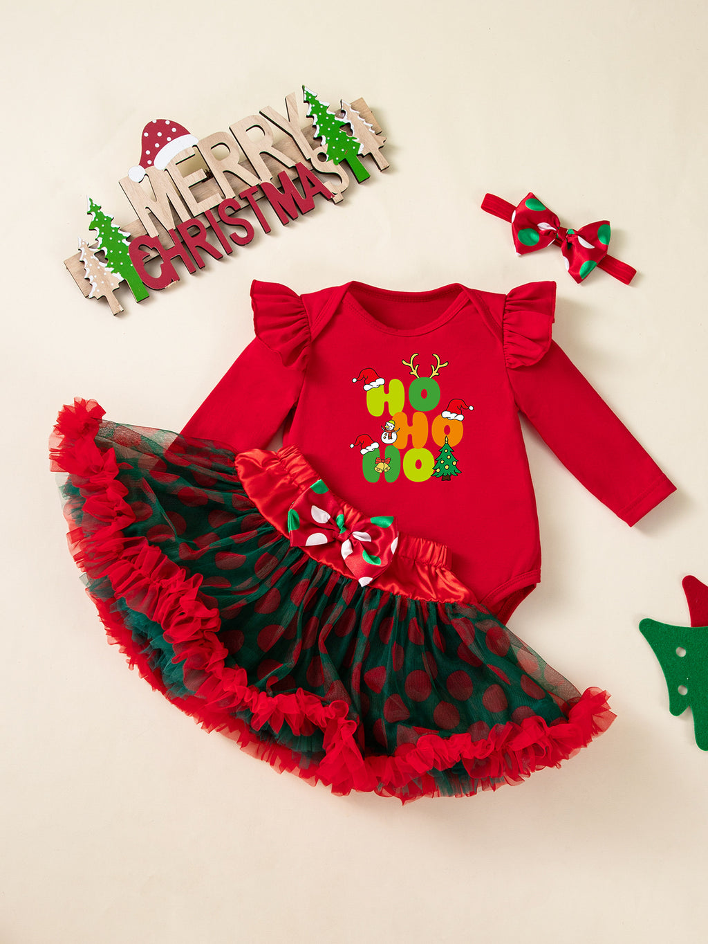 女宝宝圣诞节裙套装长袖哈衣半身裙发饰3件套婴童派对服Baby Girl Christmas Dress Set: Long-Sleeve Onesie, Skirt, and Hair Accessory—3-Piece Baby & Toddler Party Outfit