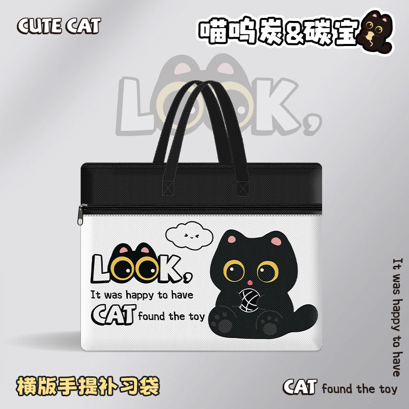 黑猫卡通拉链式手提袋学生高颜值双层帆布包大容量收纳可爱补习袋Black Cat Cartoon Zipper Tote Bag: Stylish Double-Layer Canvas Bag for Students with Large Storage Capacity—Cute Tutoring Bag