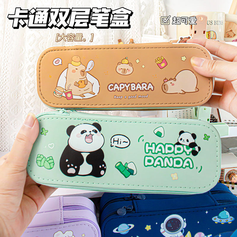 MOKA卡皮巴拉学生笔盒卡通双层大容量高颜值diy儿童文具盒MOKA Capybara Student Pencil Case: Cute, Double-Layer, Large-Capacity, Stylish DIY Children's Stationery Case