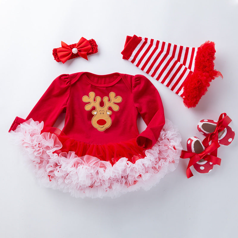 圣诞节女宝宝节日装婴儿春秋长袖红绿包屁裙公主哈衣裙四件套Christmas Outfit for Baby Girls: Spring/Fall Long-Sleeve Red and Green Rompers and Princess-Style Dresses—4-Piece Set