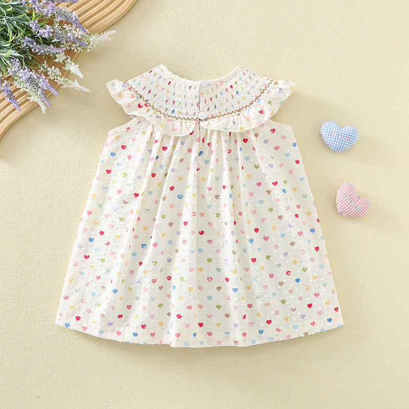女童冰淇淋刺绣打揽连衣裙夏季女宝宝爱心印花棉布公主裙 Girls' Ice Cream Embroidered Summer Dress—Baby Girl's Heart-Print Cotton Princess Dress