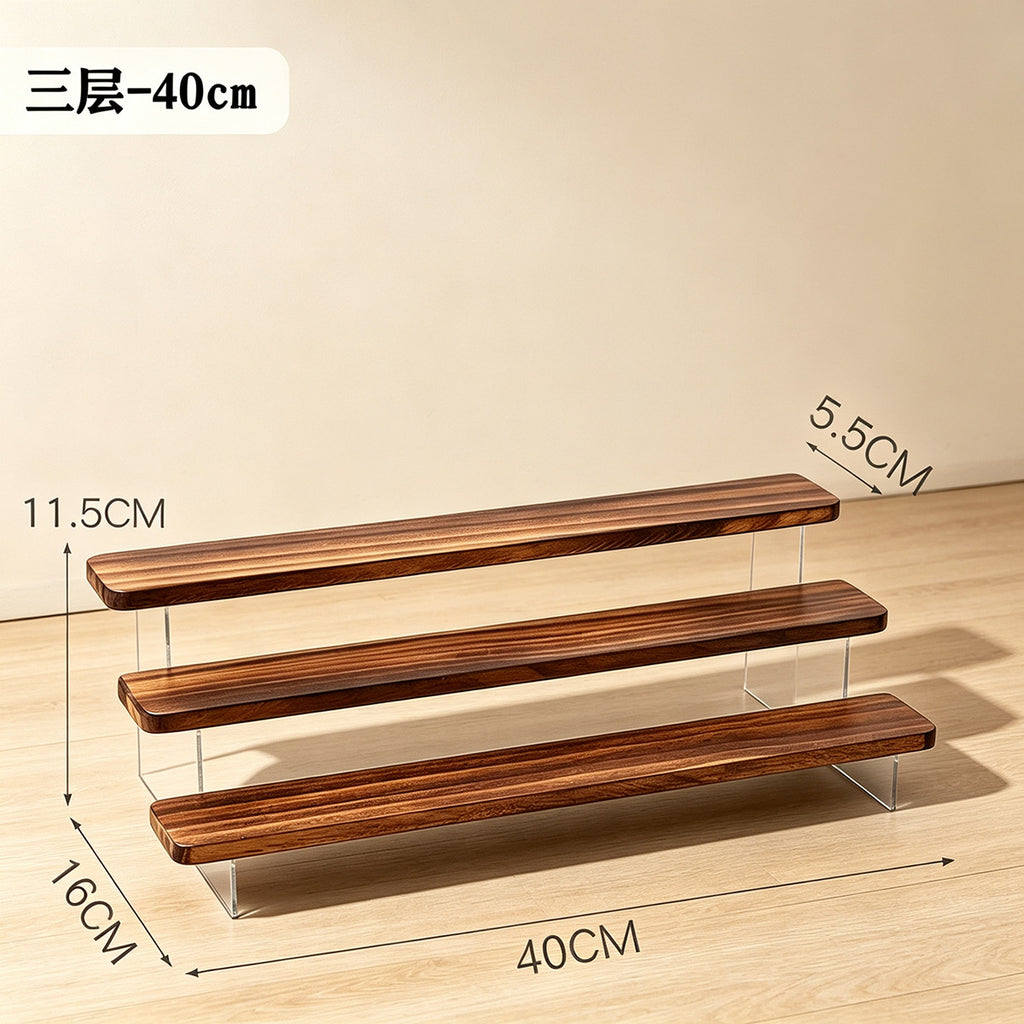 家用轻奢展示架亚克力透明阶梯架盲盒摆件手办桌面简约木质置物架Home-use luxury display stand; transparent acrylic tiered stand; blind box figurines; collectables; minimalist wooden desktop storage rack