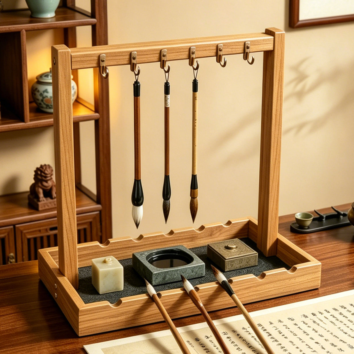 毛笔收纳架桌面复古笔挂笔架文房四宝实木展示架悬挂式书法笔托架Calligraphy Brush Storage Rack, Vintage Desktop Brush Holder, ‘Four Treasures of the Study’ Solid Wood Display Stand, Wall-mounted Calligraphy Brush Holder