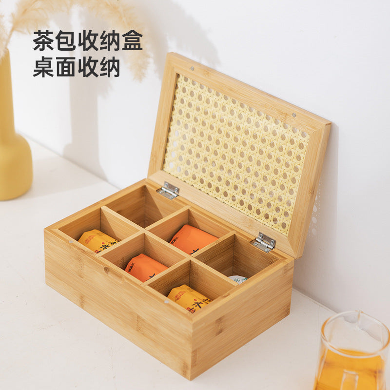 桌面防尘茶包收纳盒竹制文玩首饰置物盒药物分装盒子九宫格储物盒Desk-top dust-proof tea bag storage box; bamboo box for collectables and jewellery; medicine portioning box; 3x3 grid storage box