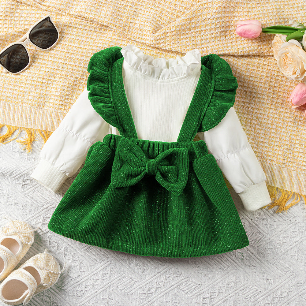 女童套装女宝宝加厚打底衫木耳花边裙子两件套圣诞 Girls' Outfit Set: Baby Girl Thickened Base Layer Top and Ruffle Skirt Two-Piece Set for Christmas