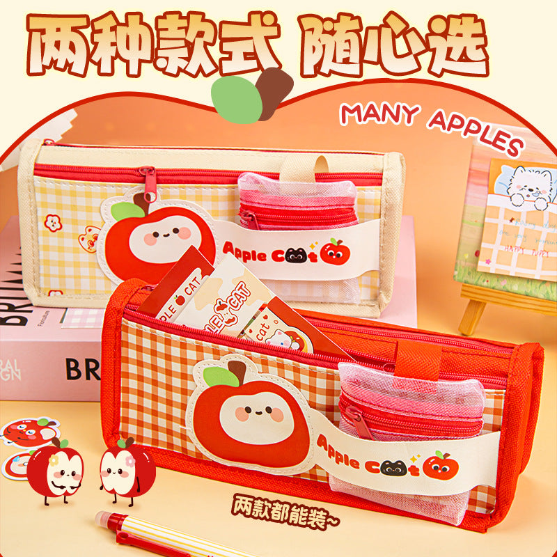 苹果猫卡通分层多层笔袋文具袋高颜值大容量小学生儿童 Apple Cat Cartoon Layered Pencil Case / Stationery Pouch