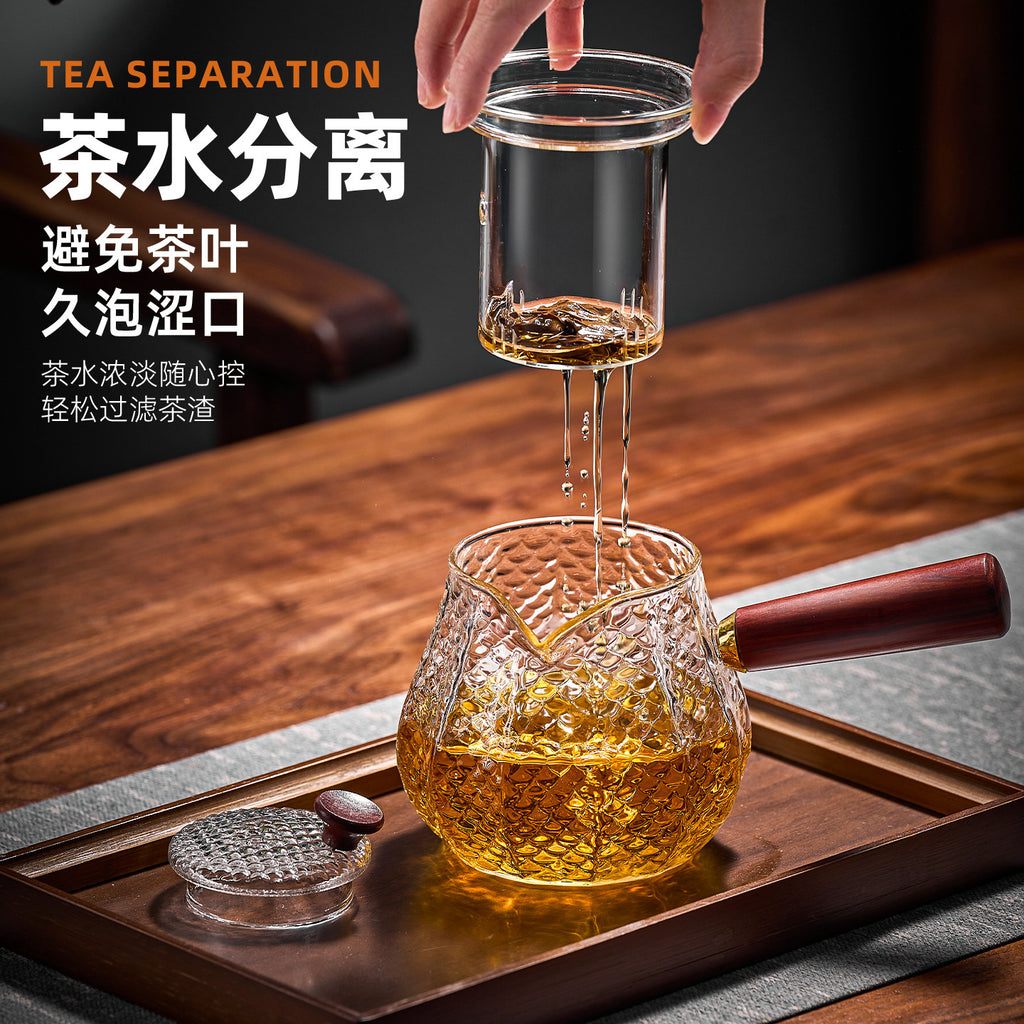 捷安玺实木侧把泡茶壶茶水分离茶壶高硼硅煮泡两用玻璃锤纹壶Solid Wood Side-Handle Tea Pot with Separate Tea and Water Compartments; High-Borosilicate Glass Tea Pot for Both Steeping and Boiling with Hammered Texture