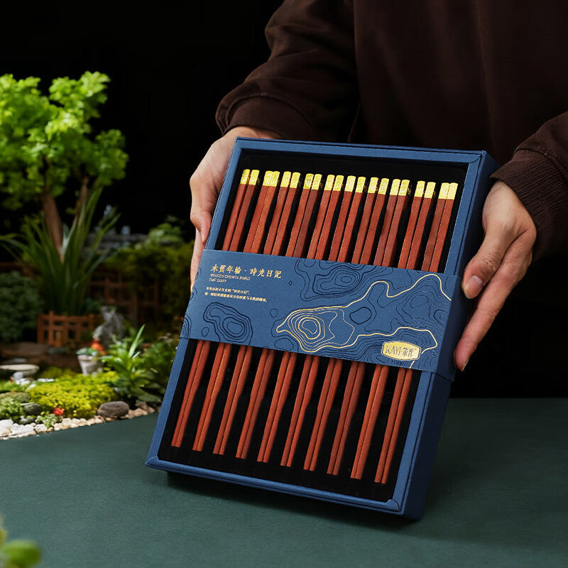 家逸木質年輪·時光日記 （兰色礼盒装10双）KAYI Chopsticks Set Alloy Head Wooden Chopsticks Blue Gift Box(10 Pairs)