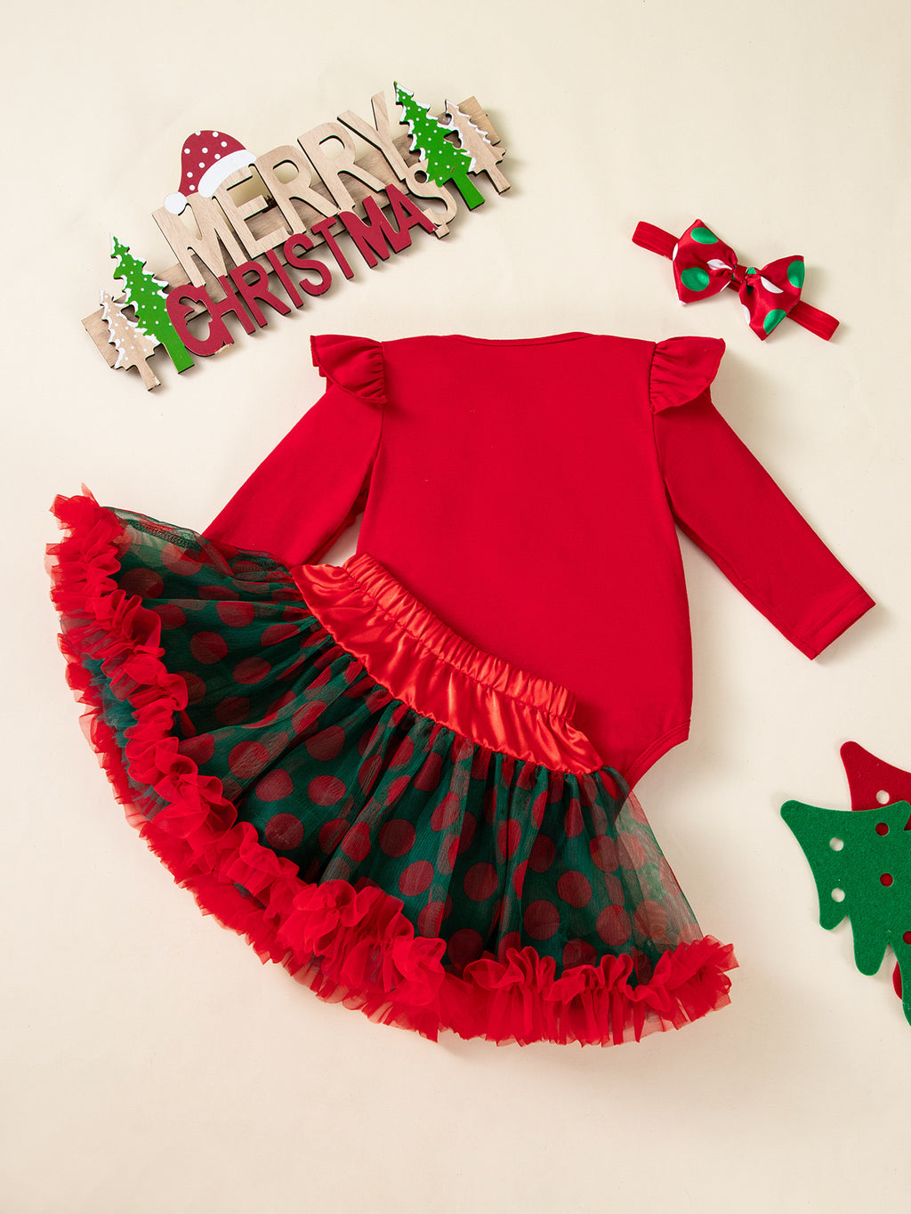 女宝宝圣诞节裙套装长袖哈衣半身裙发饰3件套婴童派对服Baby Girl Christmas Dress Set: Long-Sleeve Onesie, Skirt, and Hair Accessory—3-Piece Baby & Toddler Party Outfit