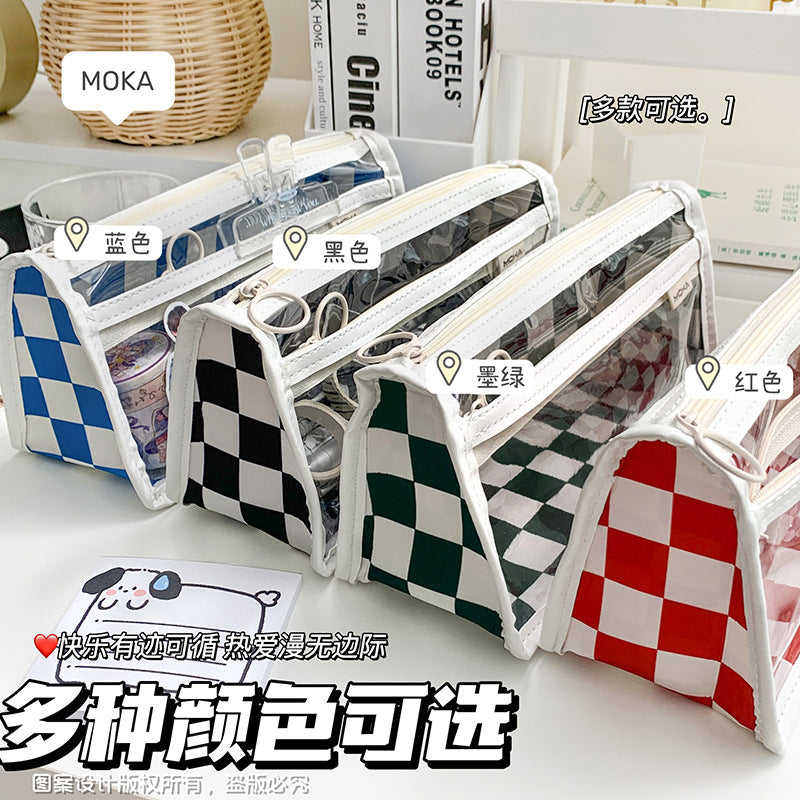 简约三层大容量笔袋ins风黑白棋盘格透明文具袋学生用考试铅笔袋Minimalist 3-Compartment Large-Capacity Pencil Case, Black-and-White Checkered Pattern, Transparent Stationery Pouch, Student Exam Pencil Case