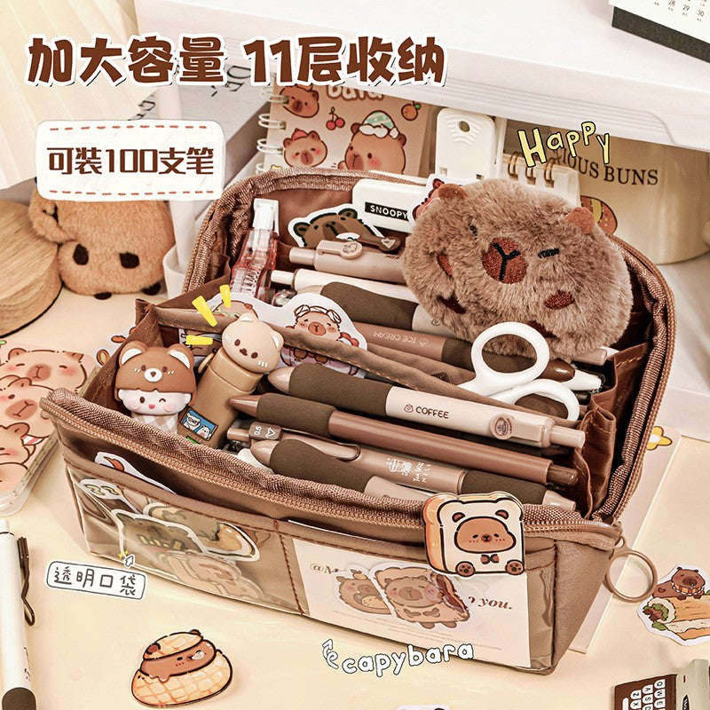 MOKA卡皮巴拉卡通枕头笔袋文具盒大容量时尚风学生高颜值文具盒MOKA Capybara Cartoon Pillow Pencil Case Stationery Box: Large Capacity, Fashionable, High-Quality Student Stationery Box