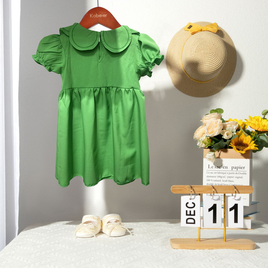 女童打揽连衣裙夏季短袖花边领四叶草绣花女宝宝公主裙 Girls' Ruffled Summer Dress with Short Sleeves, Lace Collar, and Four-Leaf Clover Embroidery—Princess Dress for Baby Girls