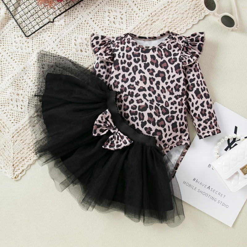 Baby Girl Party Dress Holiday Set: Stylish and Cute Leopard-Print Tulle Princess Dress with Flare Sleeves (2-Piece Set)