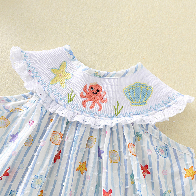 女童夏季棉布打揽连衣裙海星贝壳刺绣公主裙飞飞袖童裙 Girls' Summer Cotton Ruffle Dress with Starfish and Seashell Embroidery, Princess-Style Dress with Flowy Sleeves
