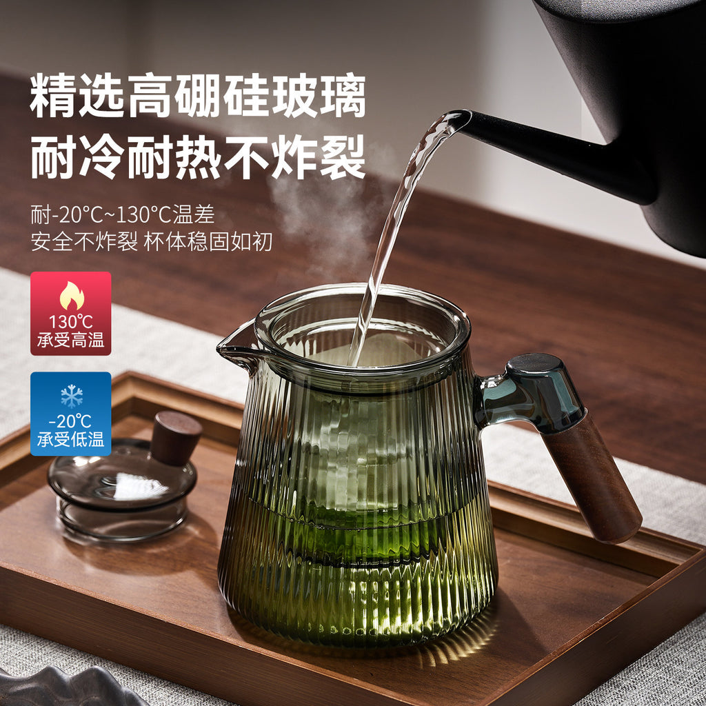 捷安玺竖纹玻璃茶壶新款家用待客木把煮茶壶高硼硅耐热玻璃泡茶壶Vertical-Striped Glass Teapot Home and Guest-Friendly Wooden-Handle Teapot, High-Borosilicate Heat-Resistant Glass Teapot