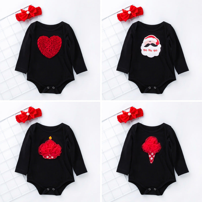母亲节女宝宝童套装爱心长袖哈衣节日款公主裙5件套Mother's Day 5-Piece Outfit Set for Baby Girls: Heart-Print Long-Sleeve Onesie and Holiday-Themed Princess Dress