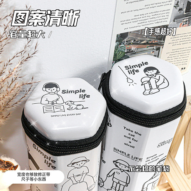 MOKA简约笔袋六角形笔筒拉链立式创意卡通可爱男女学生大文具收纳MOKA Minimalist Pencil Case/Pencil Holder with Zipper, Upright Design, Creative Cartoon Style, Cute, for Boys and Girls, Large Stationery Storage