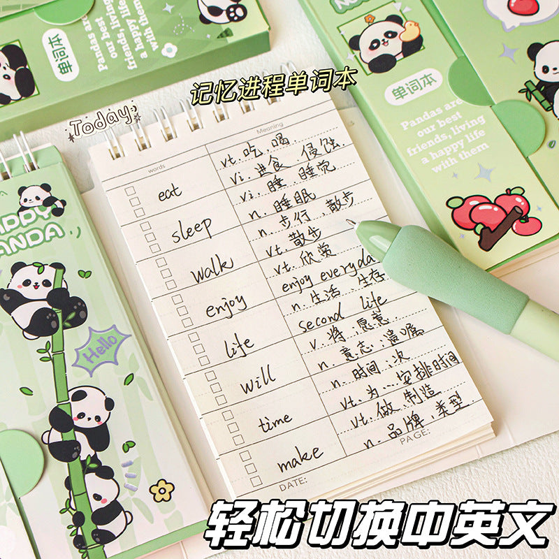 MOKA复古熊猫卡通单词本学生记单词做笔记便携小本子线圈式记录本MOKA Retro Panda Cartoon Vocabulary Notebook: Portable Notebook for Students to Learn Vocabulary and Take Notes, Spiral-Bound