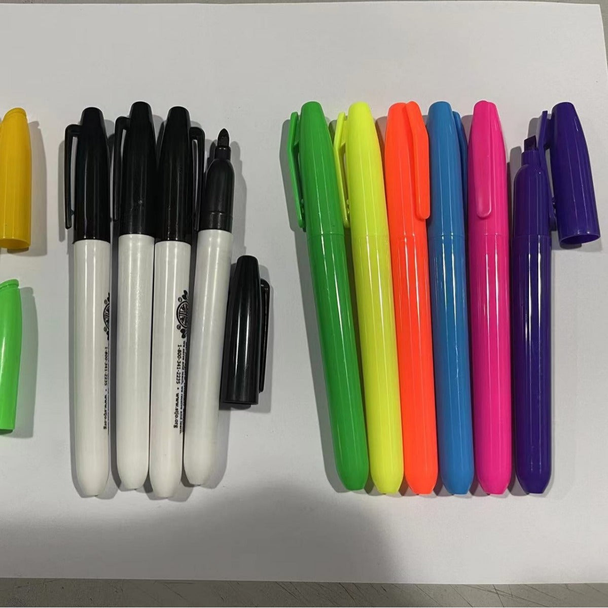 六色荧光笔可印塑料按动笔圆珠笔有色透明荧光笔多种款式Six-colour highlighter pens, printable plastic push-button pens, ballpoint pens, coloured and transparent highlighter pens, various styles available
