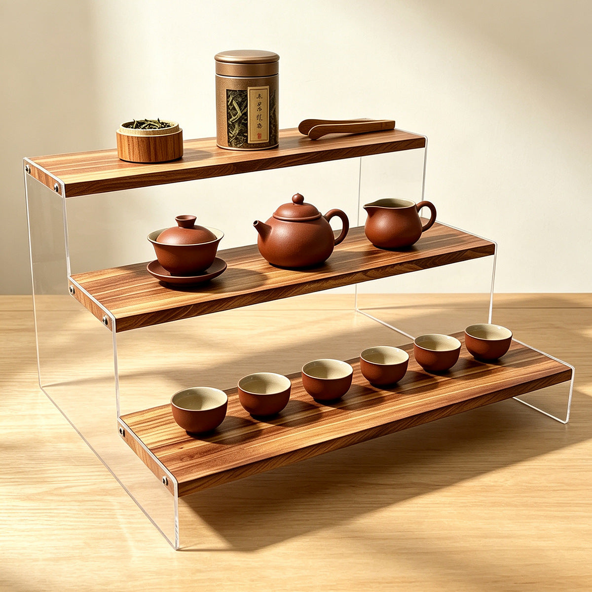简约桌面多层置物架木质家用茶具杯子加宽摆放收纳架餐边柜陈列架Minimalist multi-tiered wooden desktop storage rack for home use; tea sets and cups; wide display and storage rack; sideboard display stand