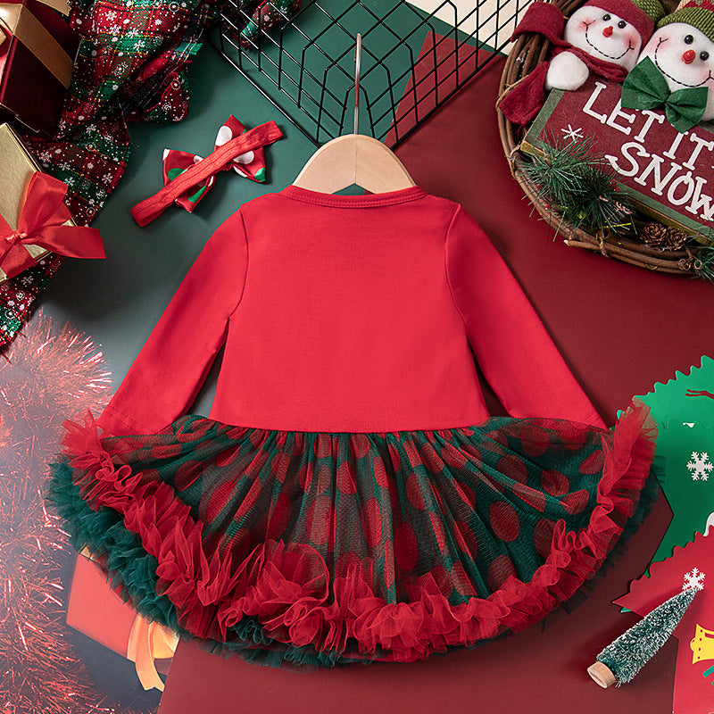 圣诞节秋冬女宝宝婴幼儿童长袖哈衣裙发饰两件套Christmas Fall/Winter Two-Piece Set for Baby Girls and Young Kids: Long-Sleeve Onesie Dress and Hair Accessory