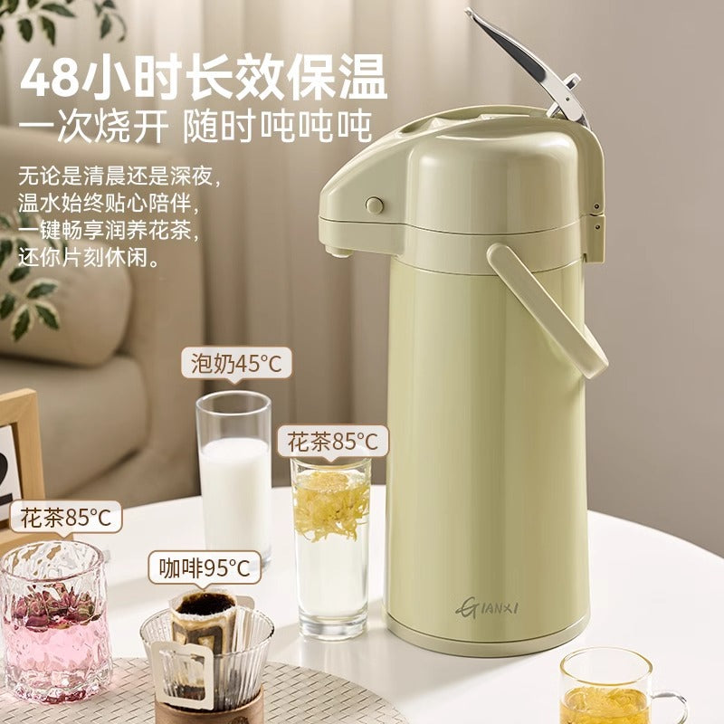 气压式白胆保温热水壶按压出水热水瓶保温壶家用大容量开水瓶暖壶Pressure-Type White-Lined Insulated Hot Water Kettle with Push-Button Dispenser; Household Large-Capacity Hot Water Kettle