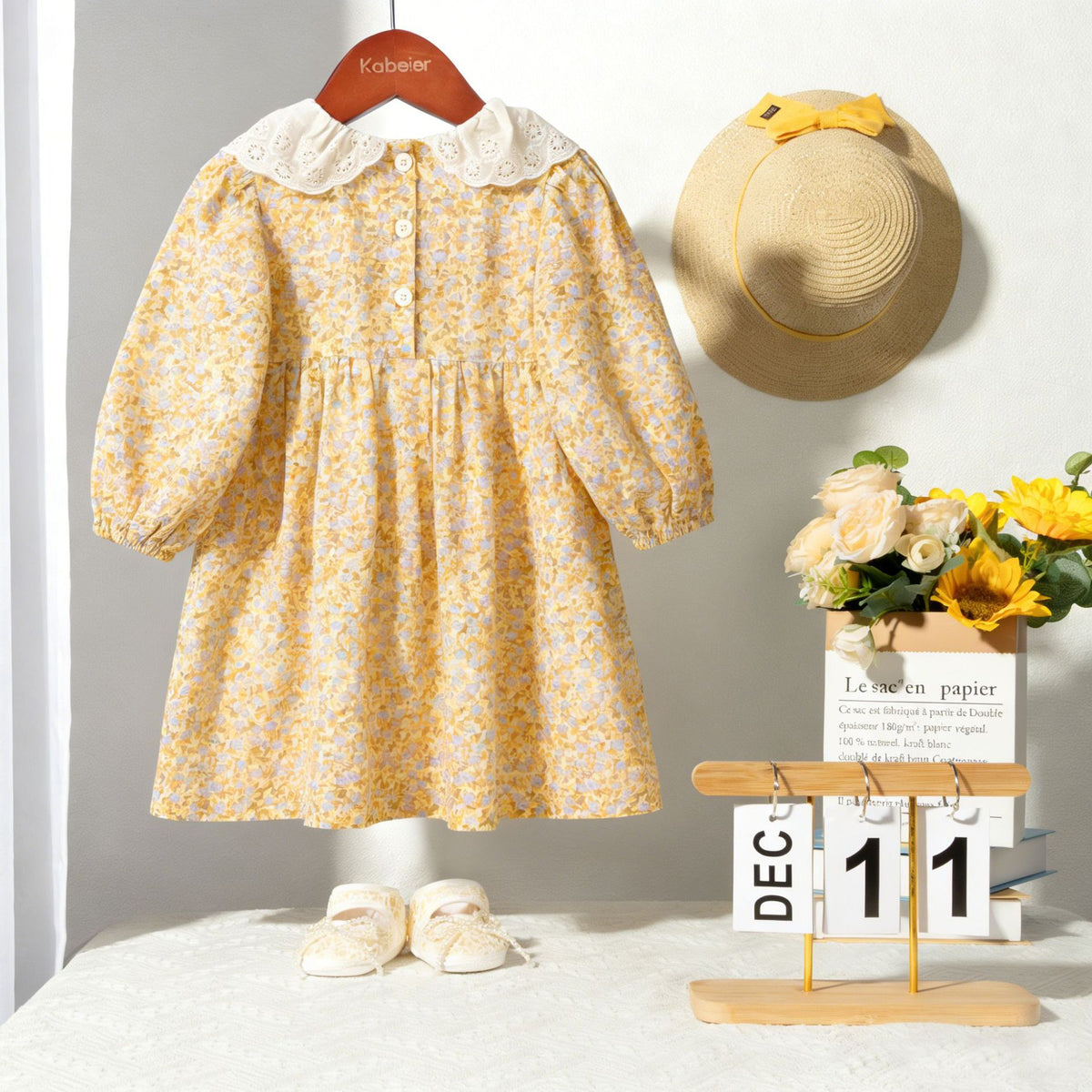 女童姐妹装春季儿童花边领碎花打揽公主裙女宝宝长袖裙Girls' Matching Outfits: Spring Children's Lace-Collar Floral Princess Dress, Long-Sleeve Dress for Baby Girls