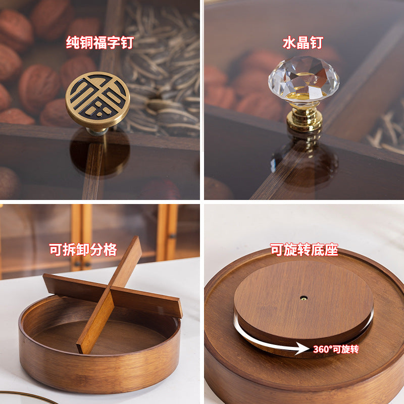 复古实木四格干果盘带金边玻璃盖家用茶几坚果糖果分格收纳果盒Vintage-style solid wood four-compartment dried fruit tray with gold-rimmed glass lid – home coffee table nut and sweet storage box with separate compartments