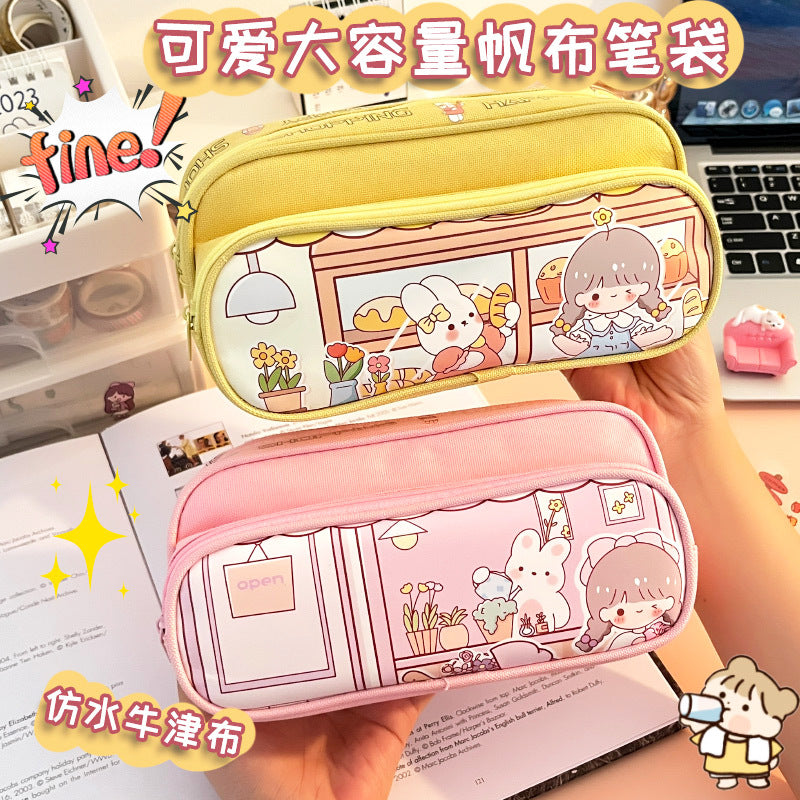 MOKA魔卡大容量双层笔袋女生小学生铅笔盒拉链铅笔袋MOKA Large-Capacity Double-Layer Pencil Case for Girls in Elementary School—Zippered Pencil Case