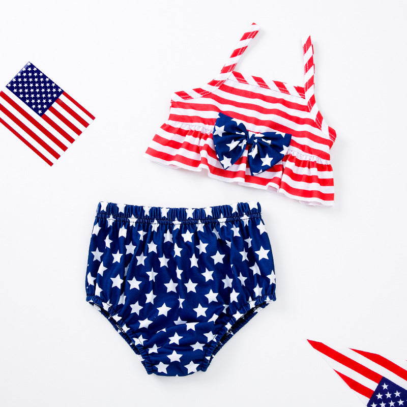 美国独立日宝宝服饰套装印花字母无袖T恤条纹短裤2件套Independence Day Baby Outfit Set: Printed Letter Sleeveless T-Shirt and Striped Shorts, 2-Piece Set